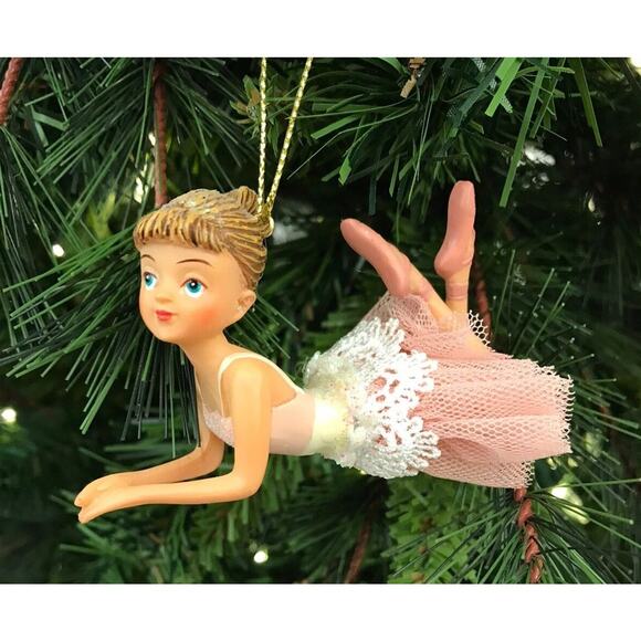 2 Girl Ballerinas Standing Laying Down Pose Pink Christmas Tree Ornaments 3-4 in - Picture 2 of 10